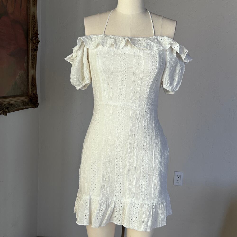 Milkmaid Eyelet Ruffle Coquette Mini Dress Romantic White Cotton Prairie M Hyfve